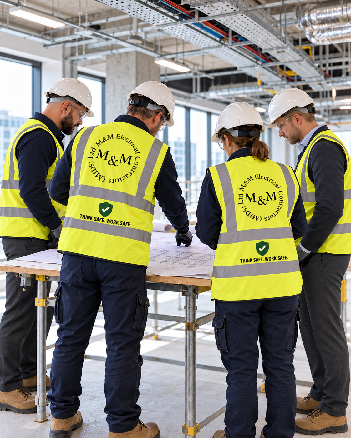 AI-generated illustration of four M&M team members reviewing site drawings in branded yellow hi-vis with Think Safe. Work Safe. messaging